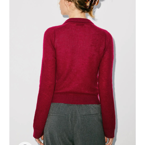Naadam Cranberry Polo Sweater SMALL Wool Cashmere Cropped Soft Designer $300 - Picture 4 of 12